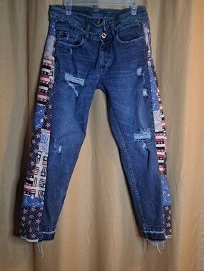 Slim Fit Dark Blue Skinny Jeans with American Patchwork Side Panels